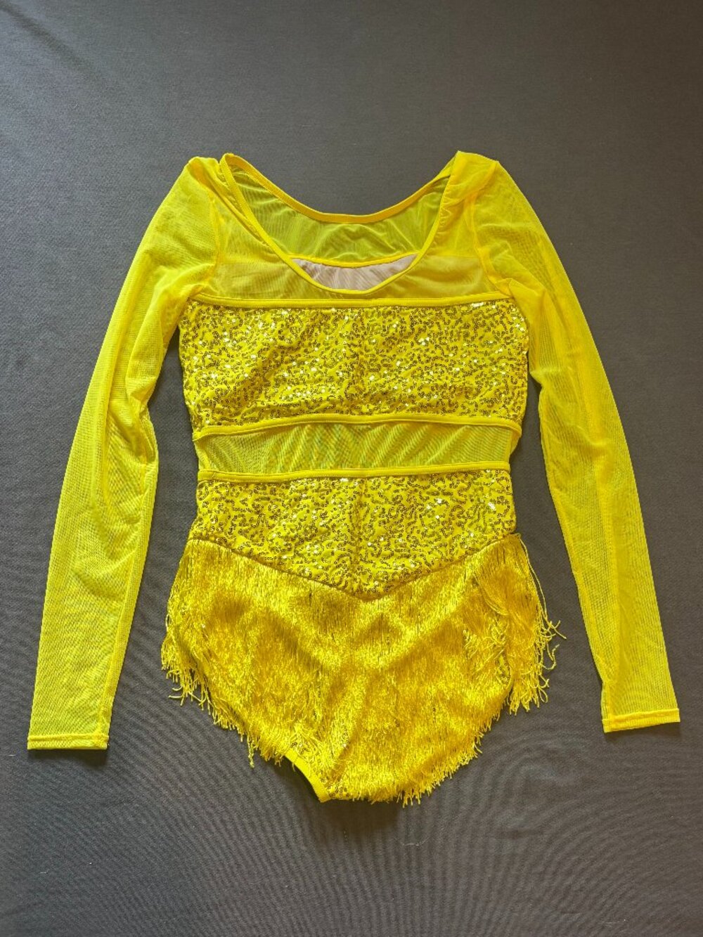Weissman Yellow Sequin Mesh Long Sleeve Fringe Skirt Dance Costume Dress SA